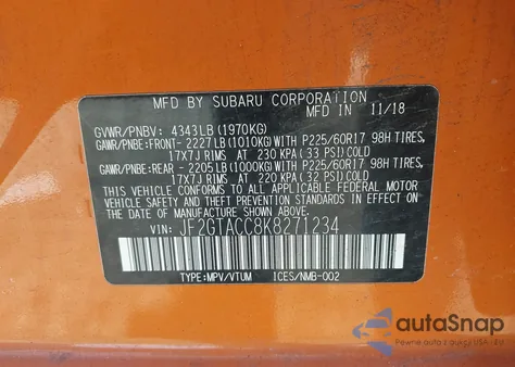 2019 Subaru Crosstrek 2.0I Premium z USA, uszkodzony, nr VIN JF2GTACC8K8271234